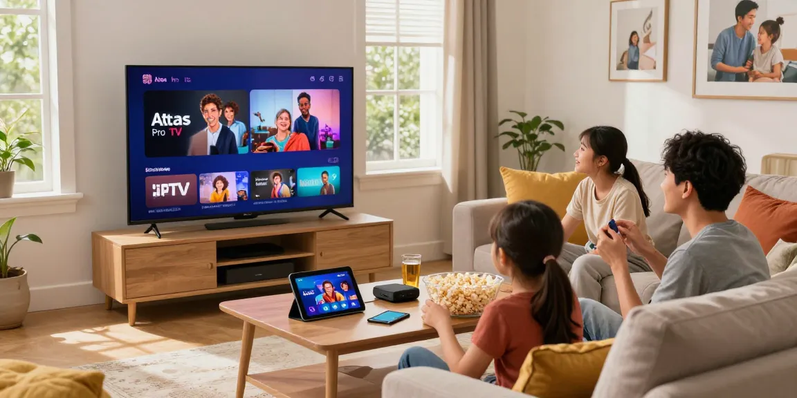 Profitez de l'expérience de visionnage d'Atlas Pro IPTV avec votre famille dans un salon chaleureux.