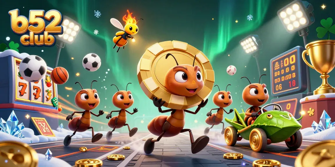 Exciting scene showcasing b52 club with ants heisting a golden poker chip amidst dazzling casino elements.